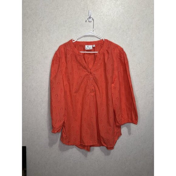MIRA Orange Red Pineapple Eyelet Blouse Top VNeck Popover Spring Casual 2XL - Picture 2 of 8